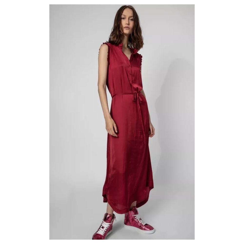 Zadig & Voltaire Feminine Lightweight Raos Satin Ruffle Midi Dress In Wine XS